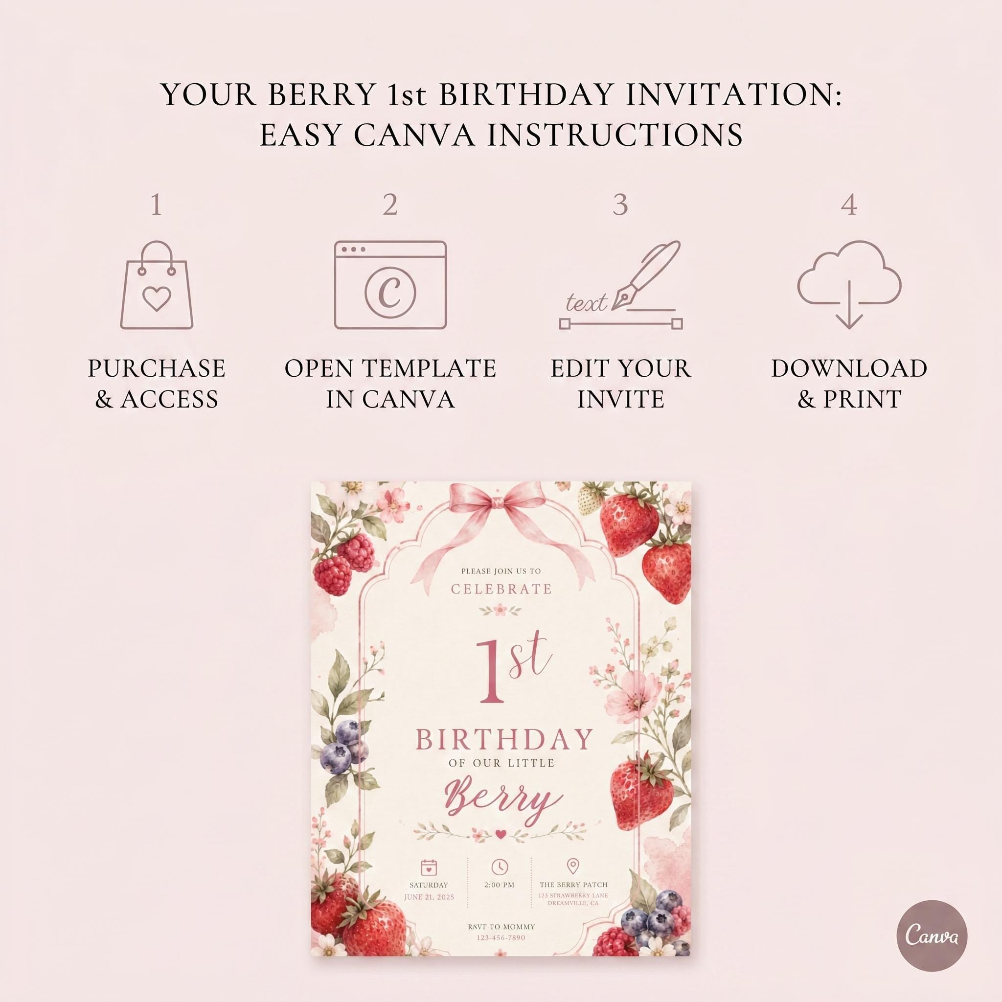 Berry First Birthday Invitation – printable template preview 3