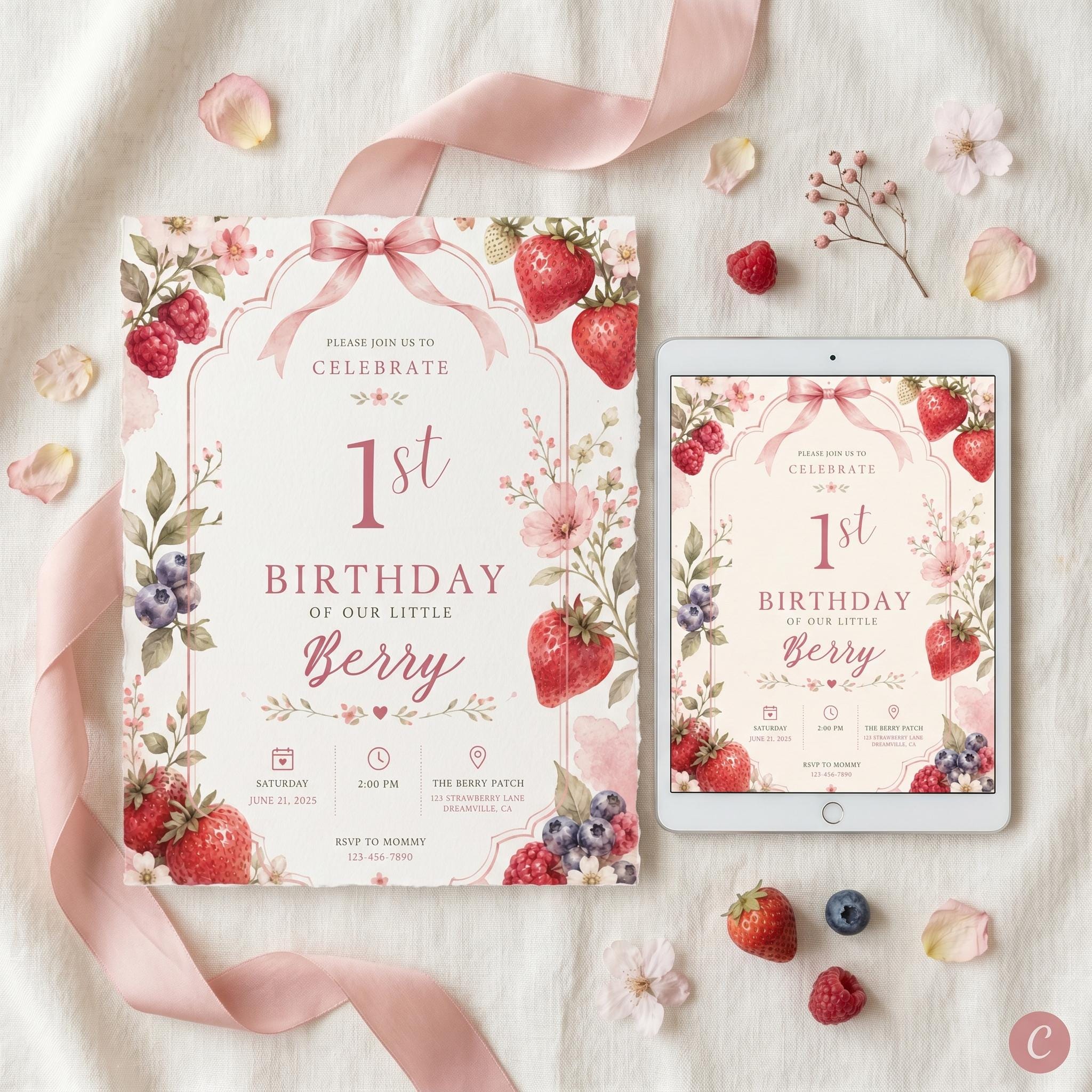 Berry First Birthday Invitation – printable template preview 2