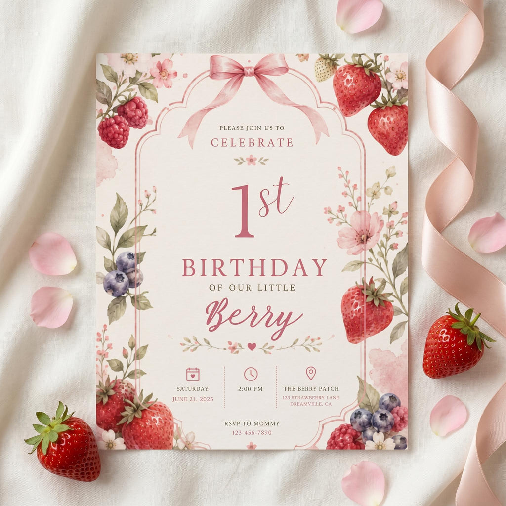 Berry First Birthday Invitation – printable template preview 1