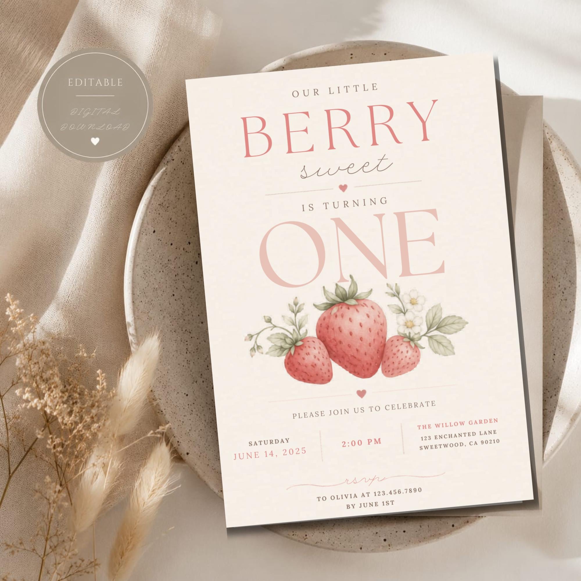 Berry Is One First Birthday Invitation Template preview 2