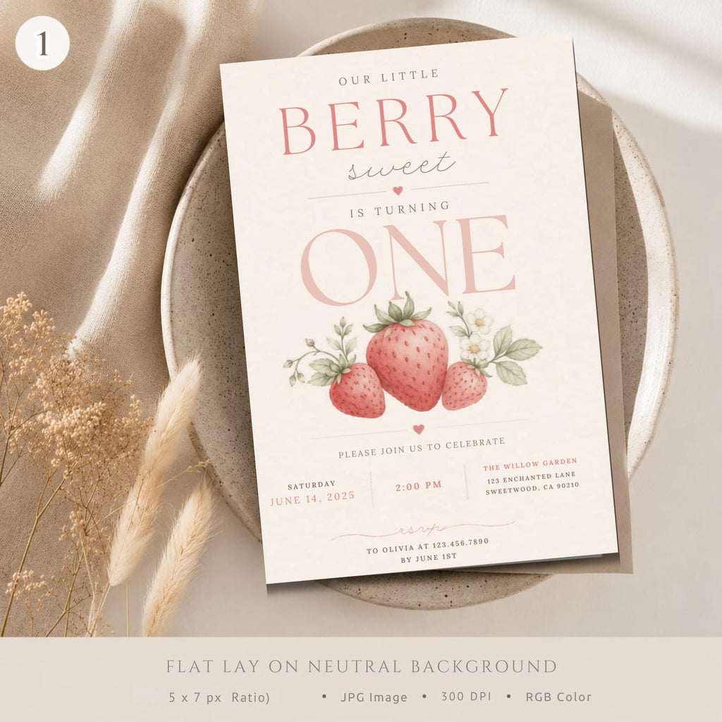 Berry Is One First Birthday Invitation Template preview 3