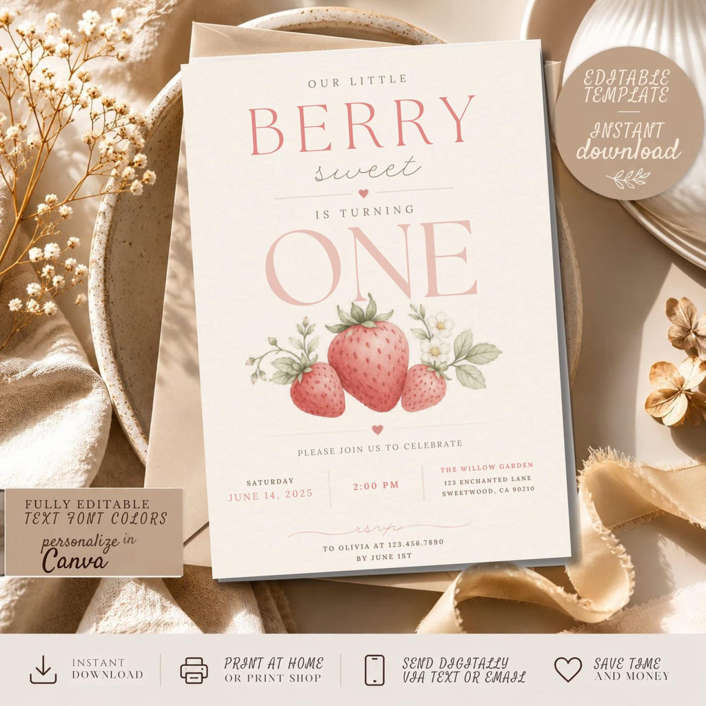 Berry Is One First Birthday Invitation Template preview 1