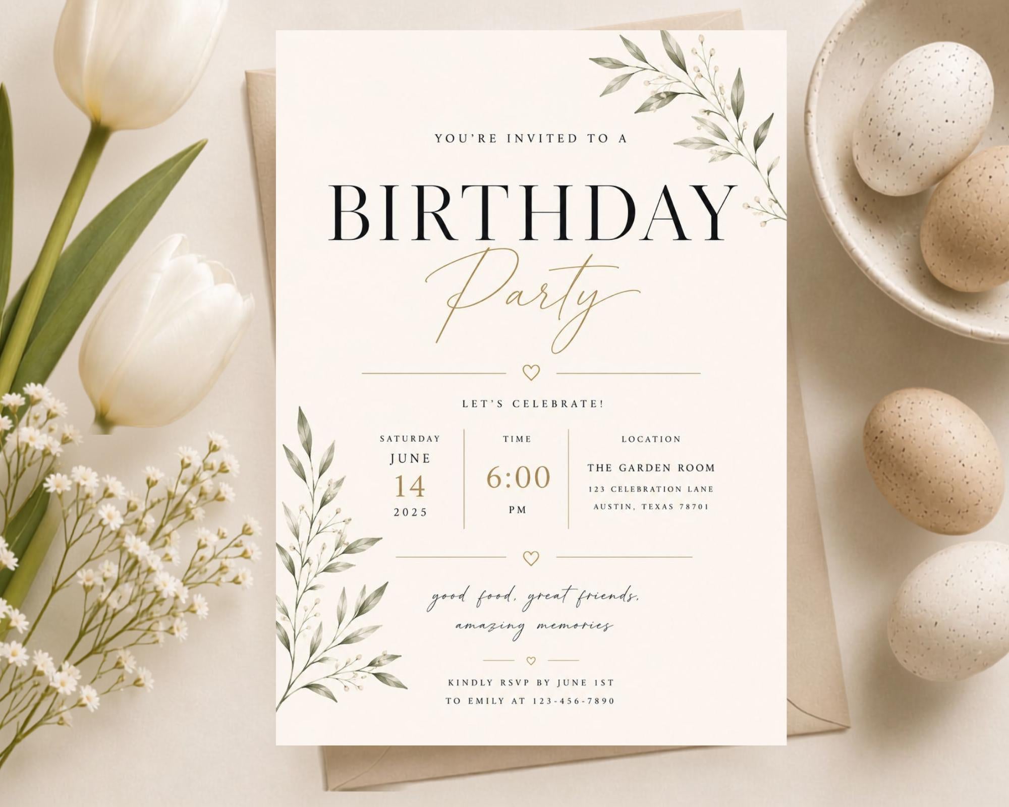 Botanical Birthday Invitation Template preview 1