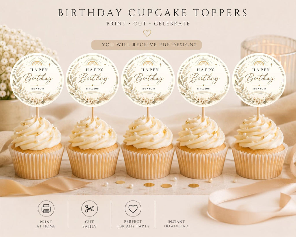 Botanical Birthday Cupcake Topper Template preview 3