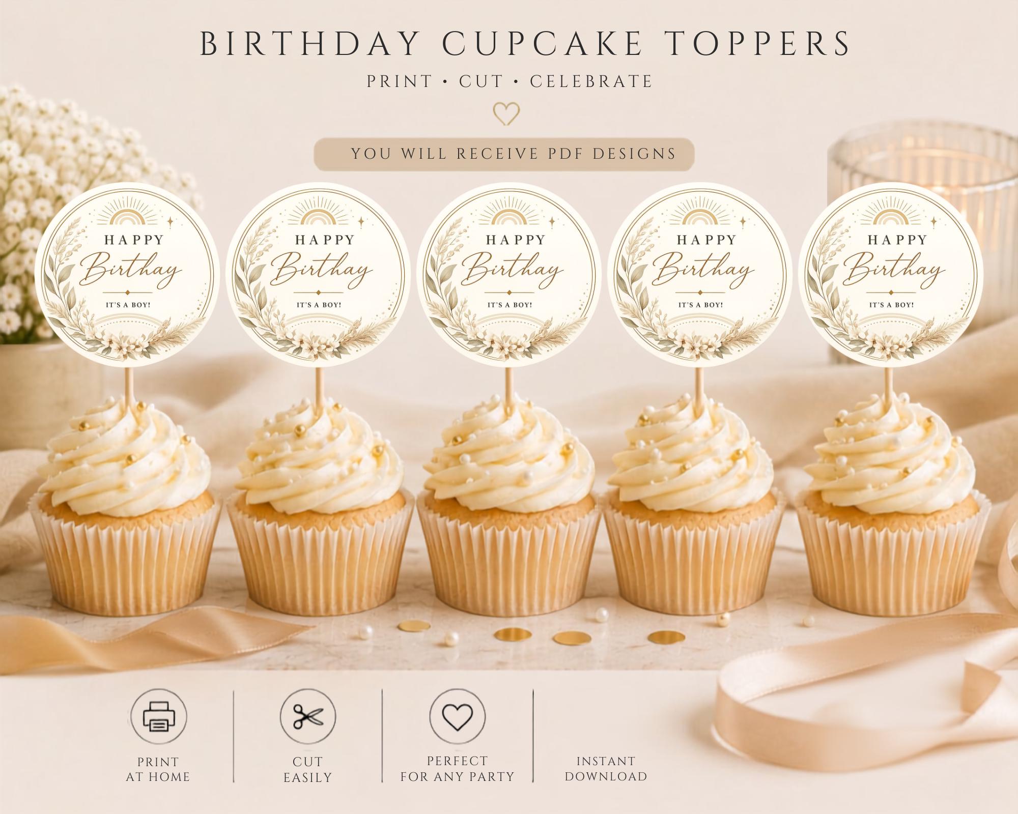 Botanical Birthday Cupcake Topper Template preview 3