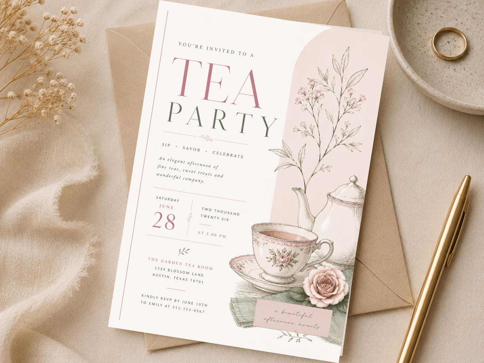 Sage Tea Party Invitation Template preview 2