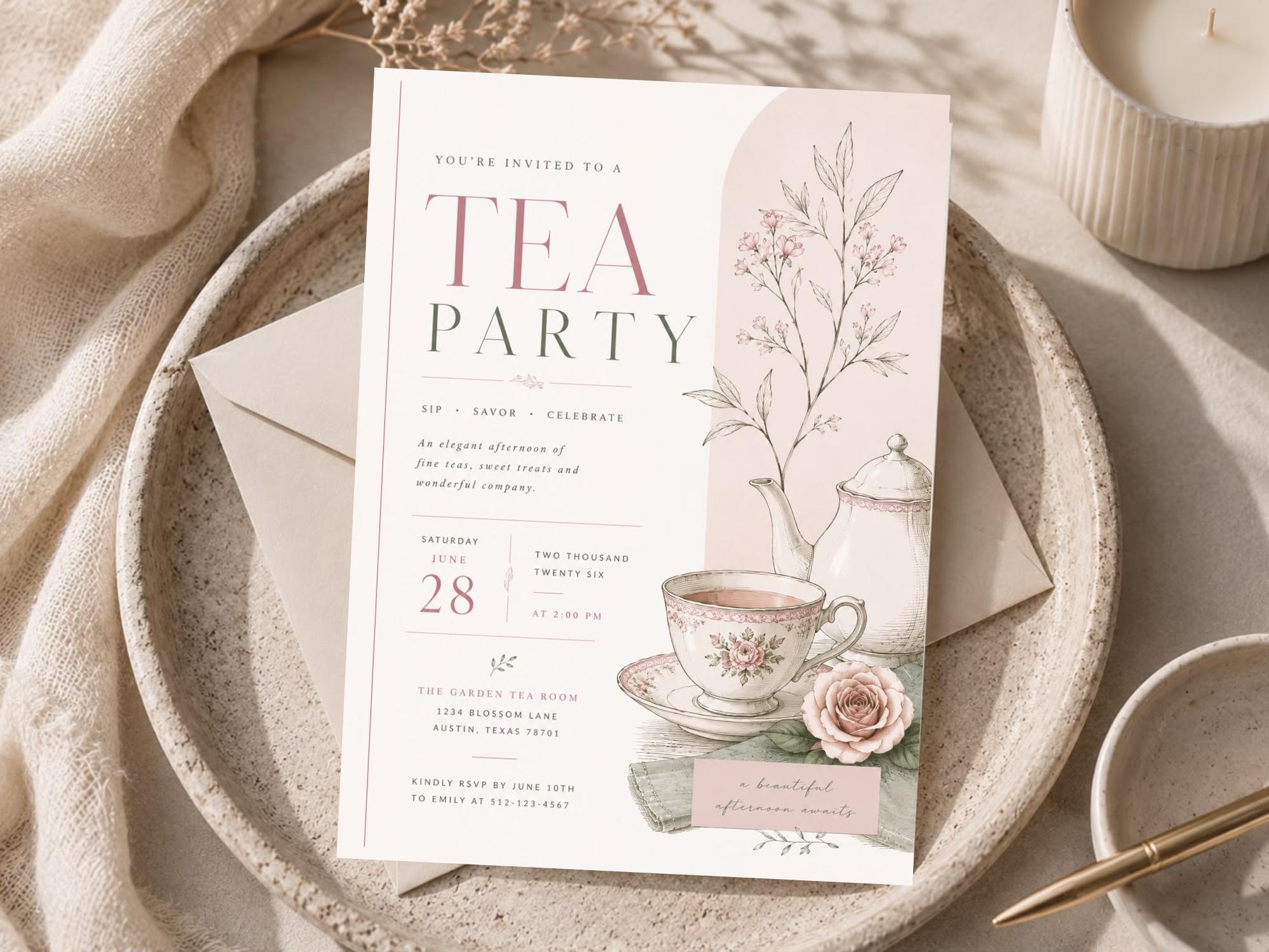 Sage Tea Party Invitation Template preview 3