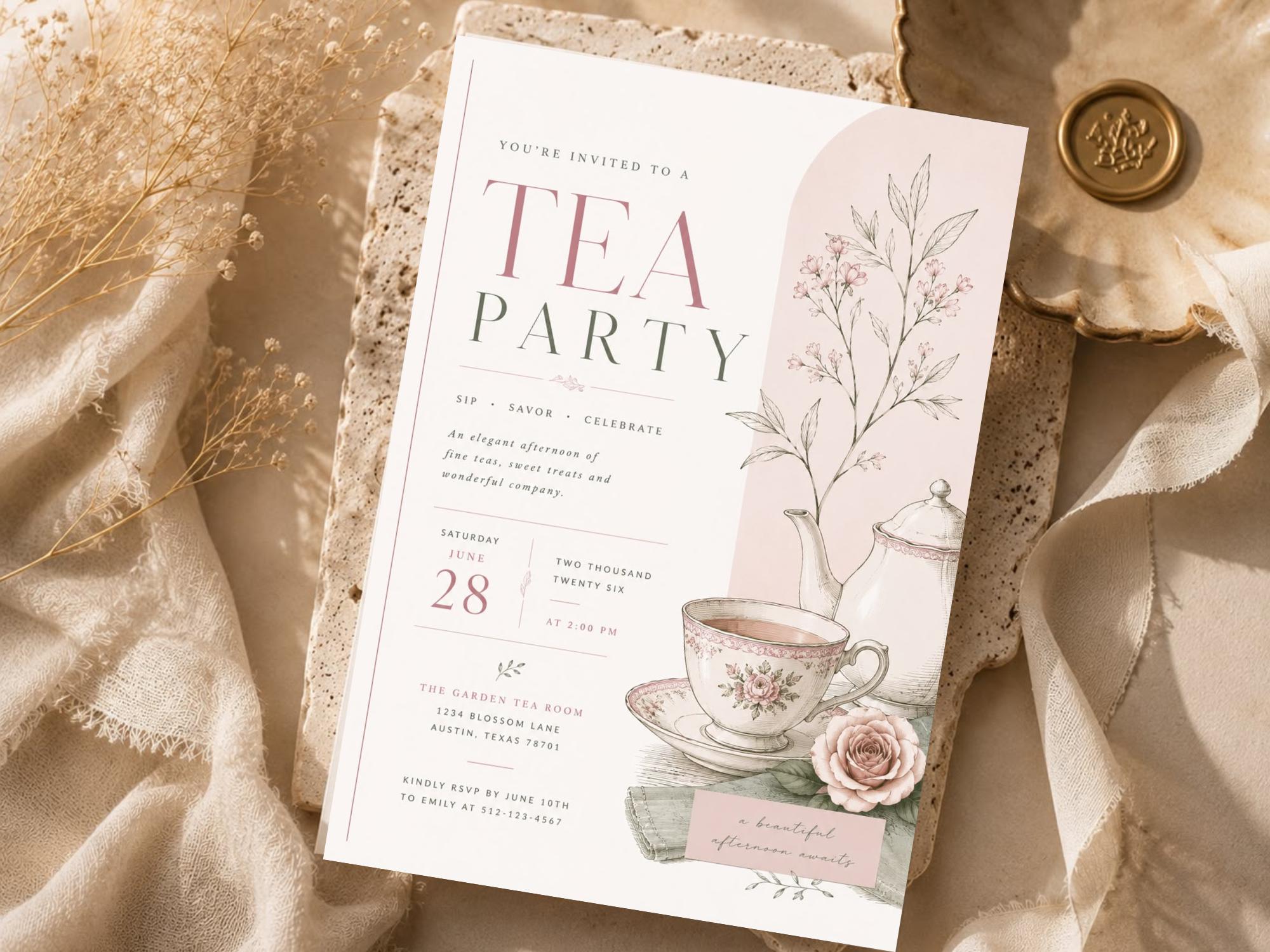 Sage Tea Party Invitation Template preview 6