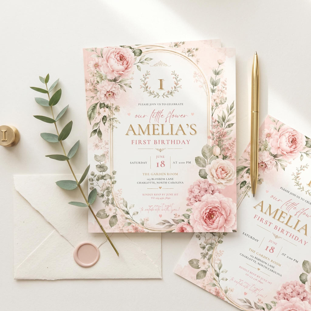 Floral First Birthday Invitation Girl preview 3