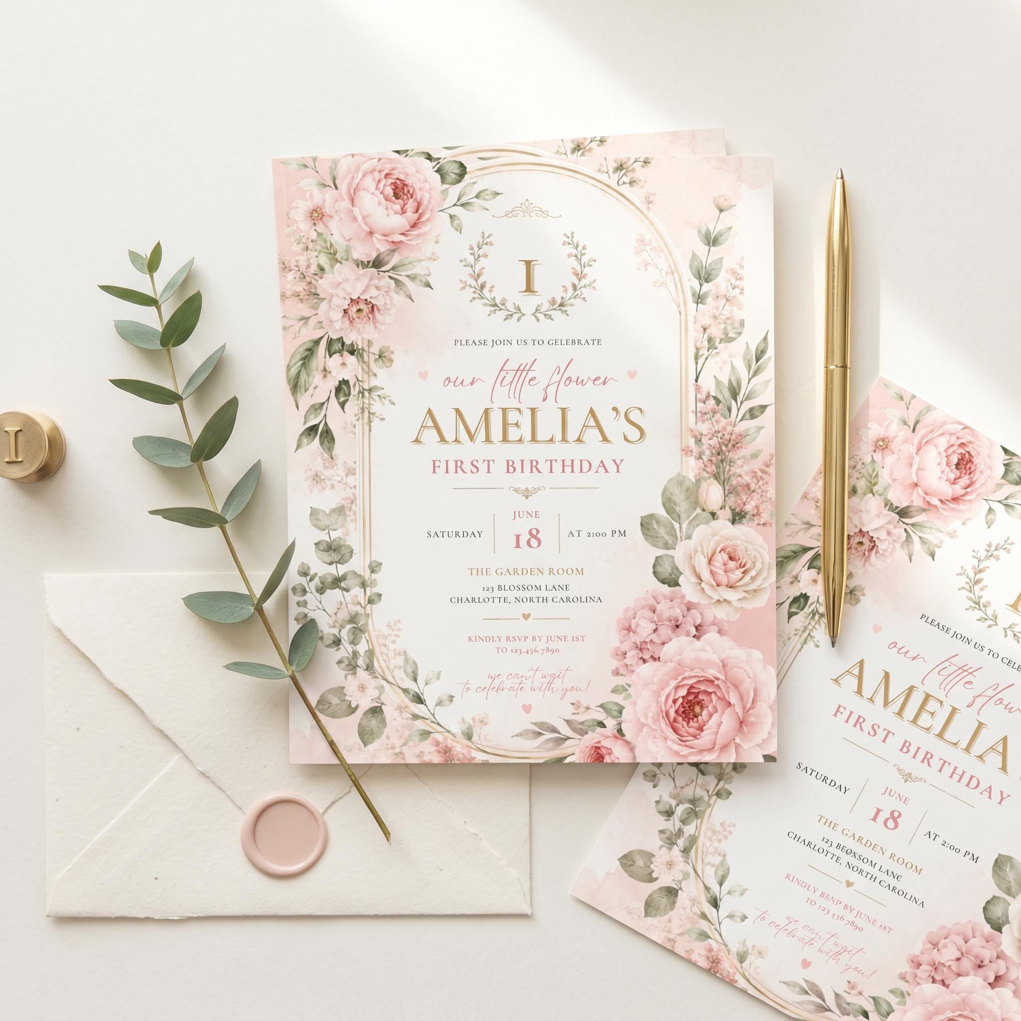 Floral First Birthday Invitation Girl preview 3