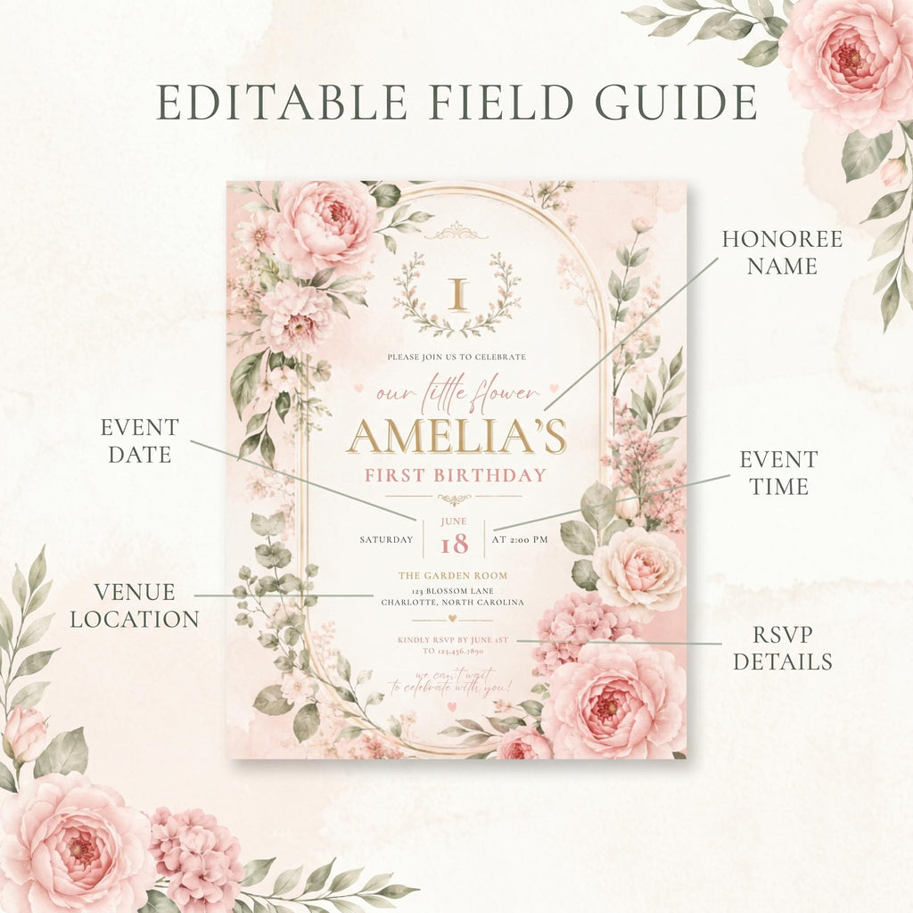 Floral First Birthday Invitation Girl preview 5