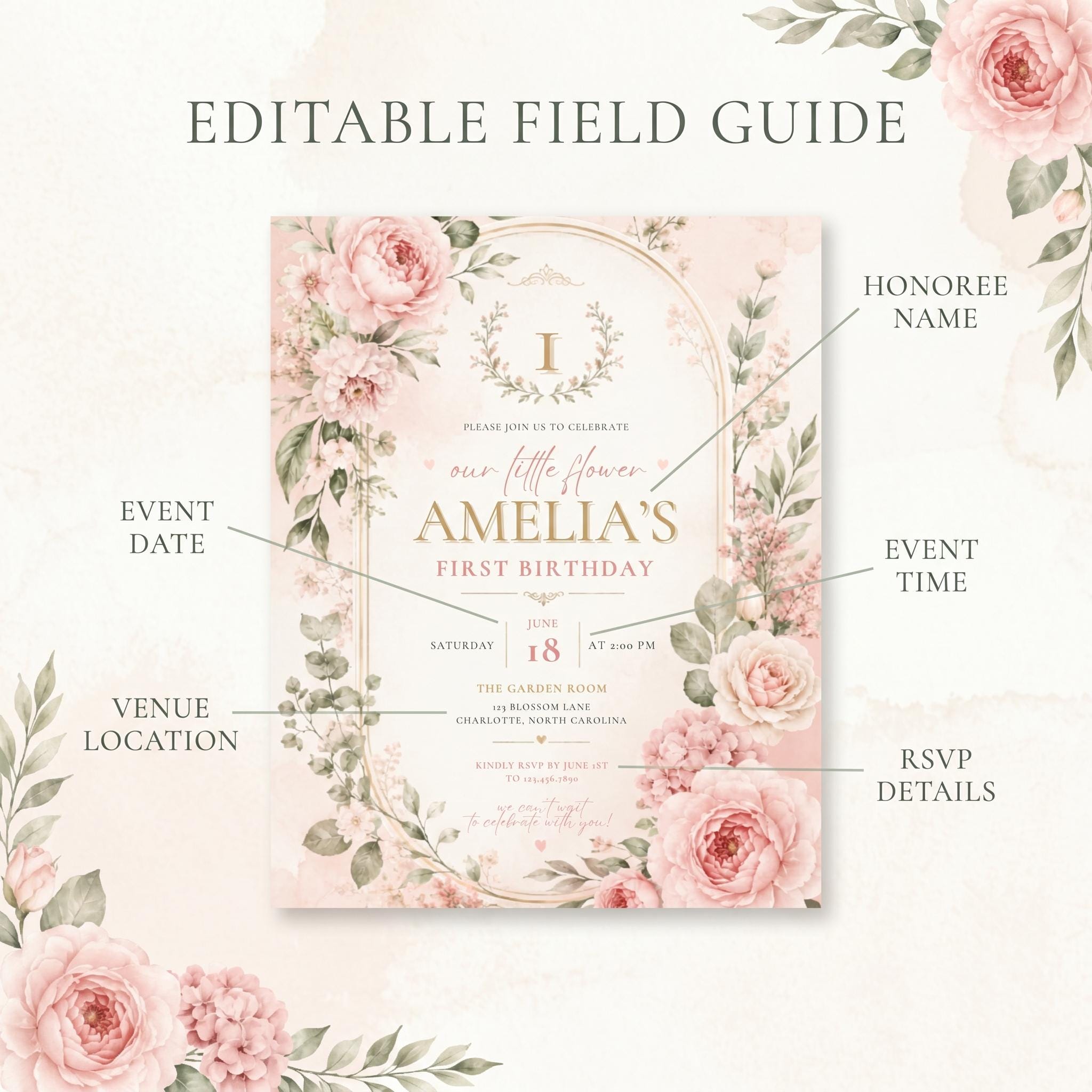 Floral First Birthday Invitation Girl preview 5