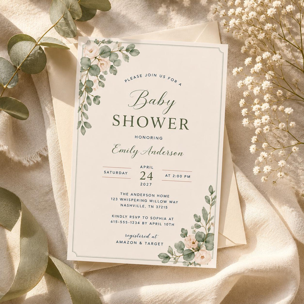Botanical Baby Shower Invitation Template preview 1