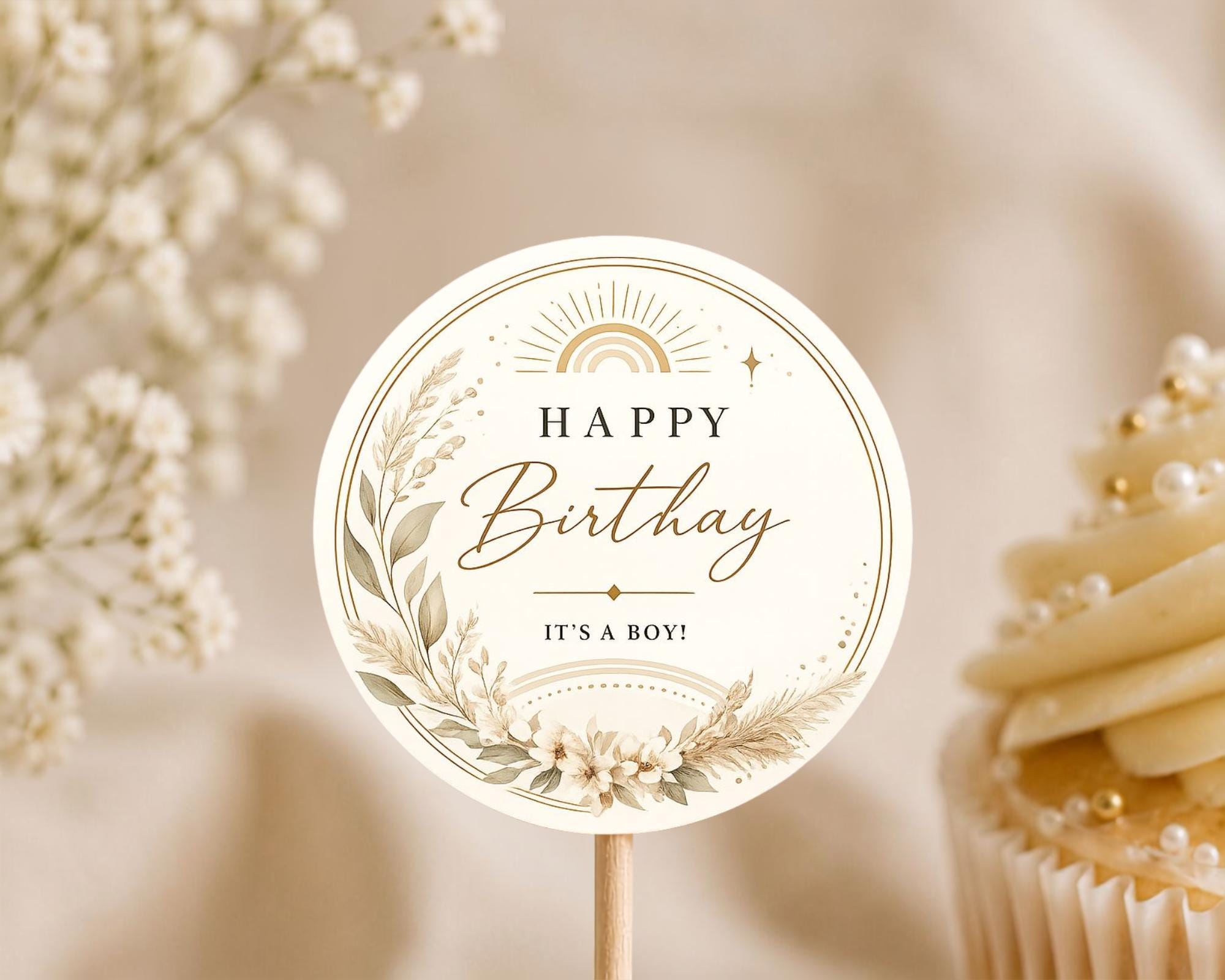 Botanical Birthday Cupcake Topper Template preview 2