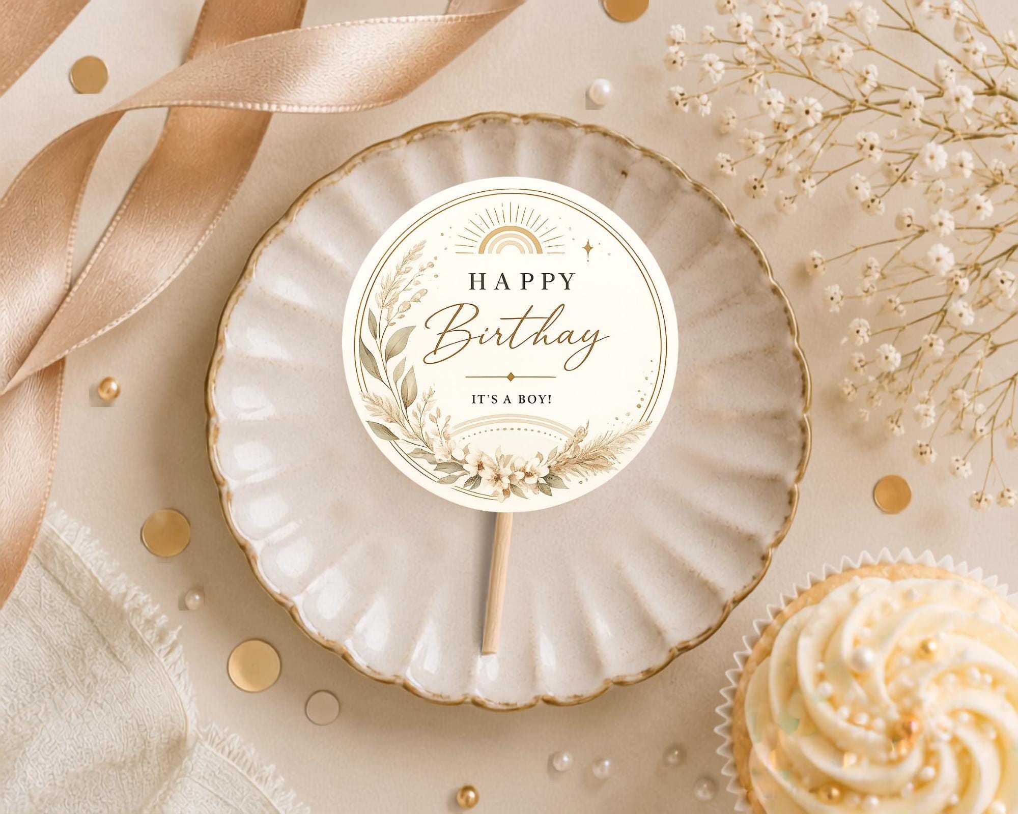 Botanical Birthday Cupcake Topper Template preview 5