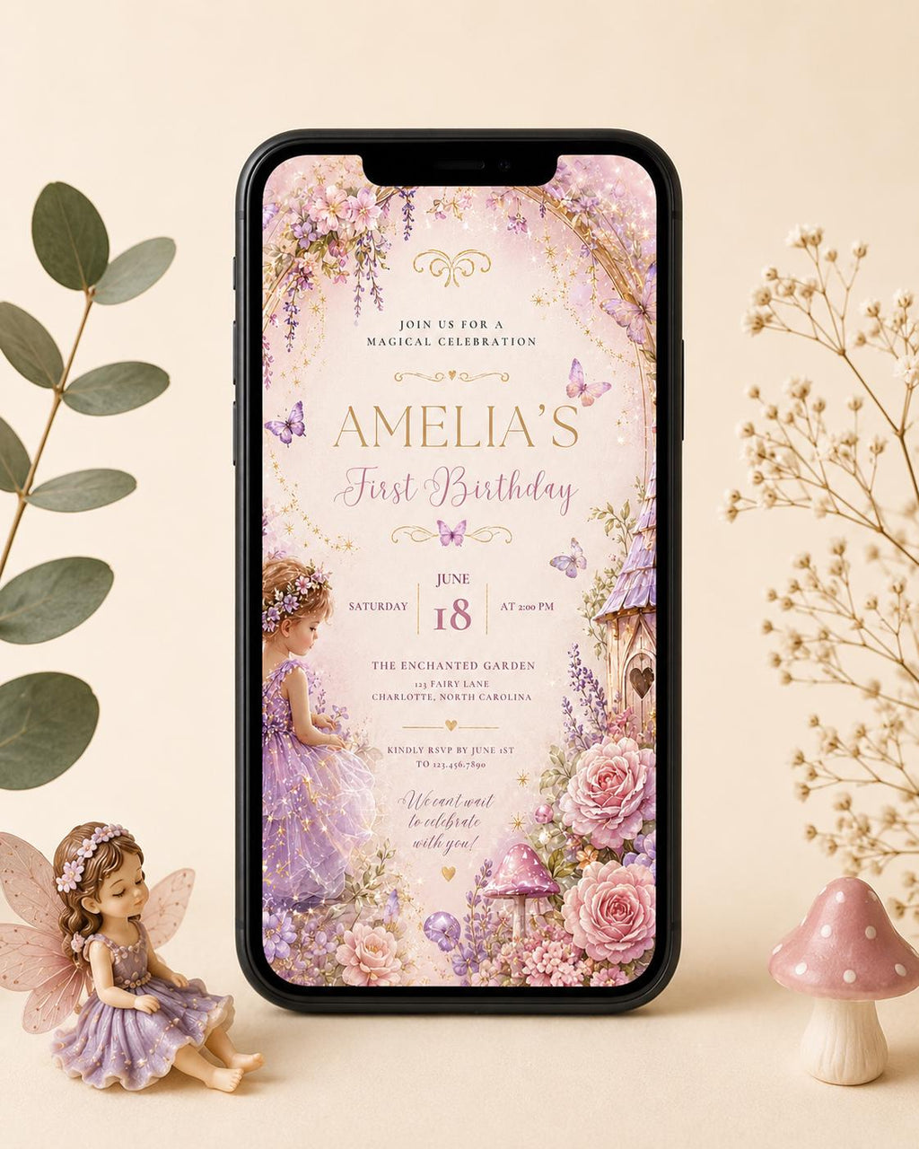 Fairy First Birthday Invitation – printable template preview 2