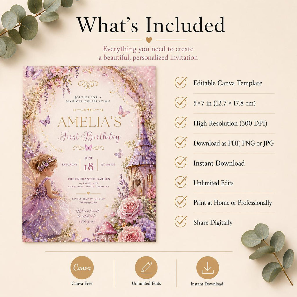 Fairy First Birthday Invitation – printable template preview 4
