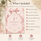 Pink Bow 1st Birthday Invitation Girl – printable template preview 4