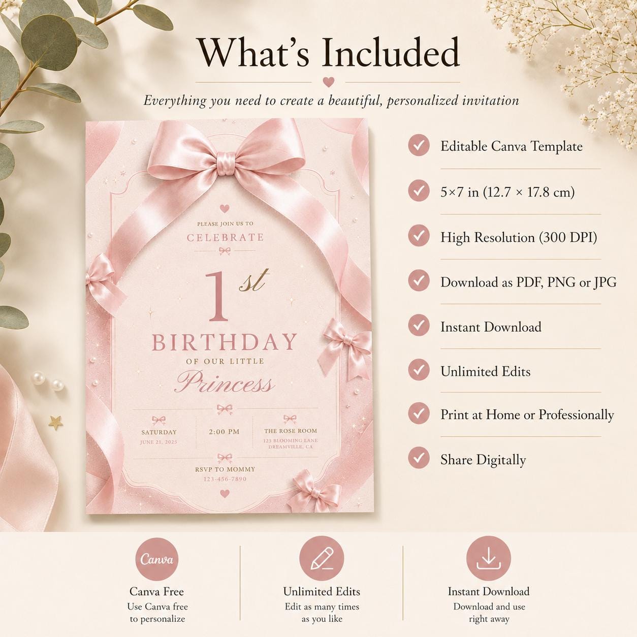 Pink Bow 1st Birthday Invitation Girl – printable template preview 4