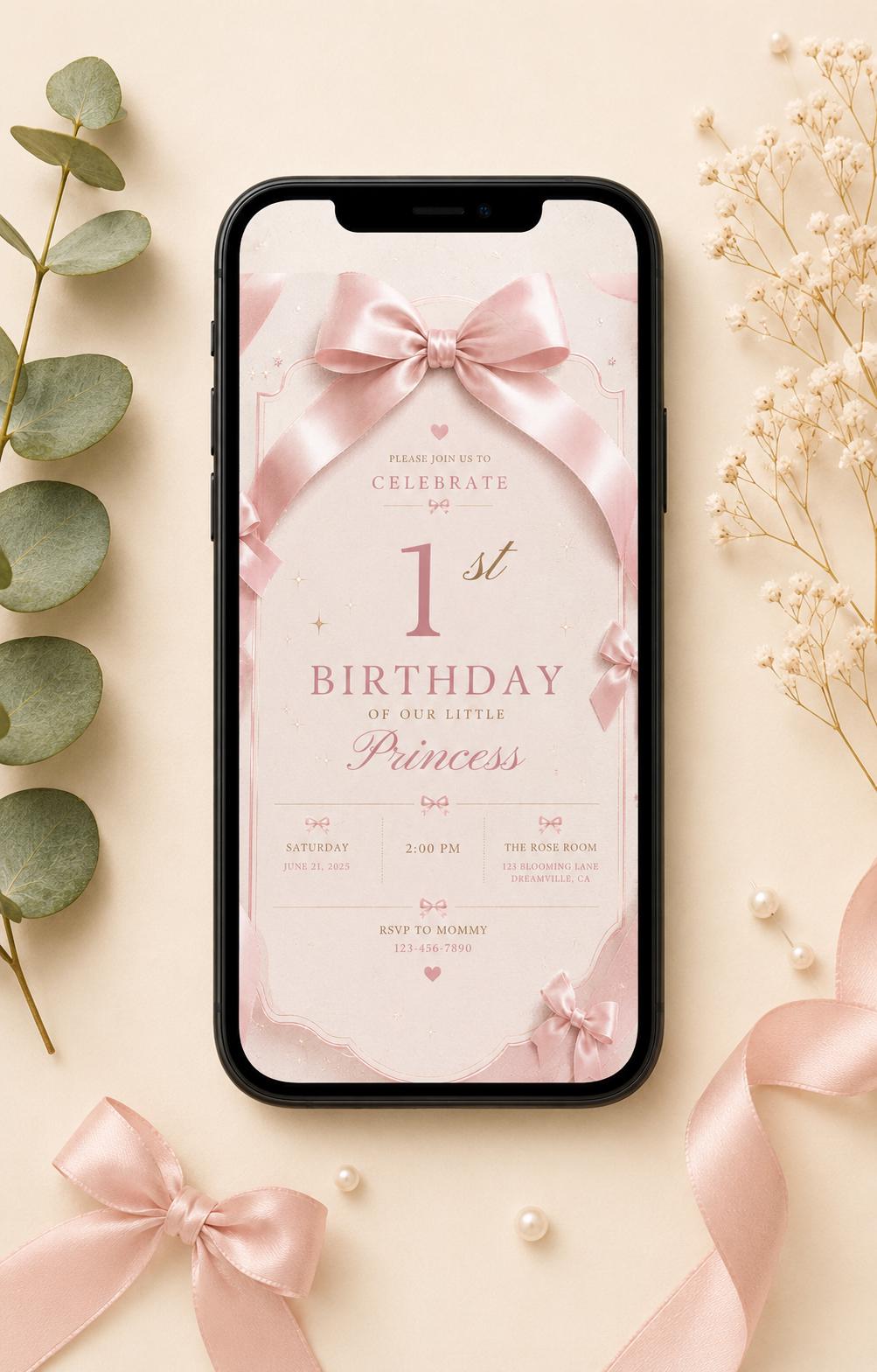 Pink Bow 1st Birthday Invitation Girl – printable template preview 2