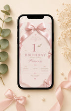 Pink Bow 1st Birthday Invitation Girl – printable template preview 2