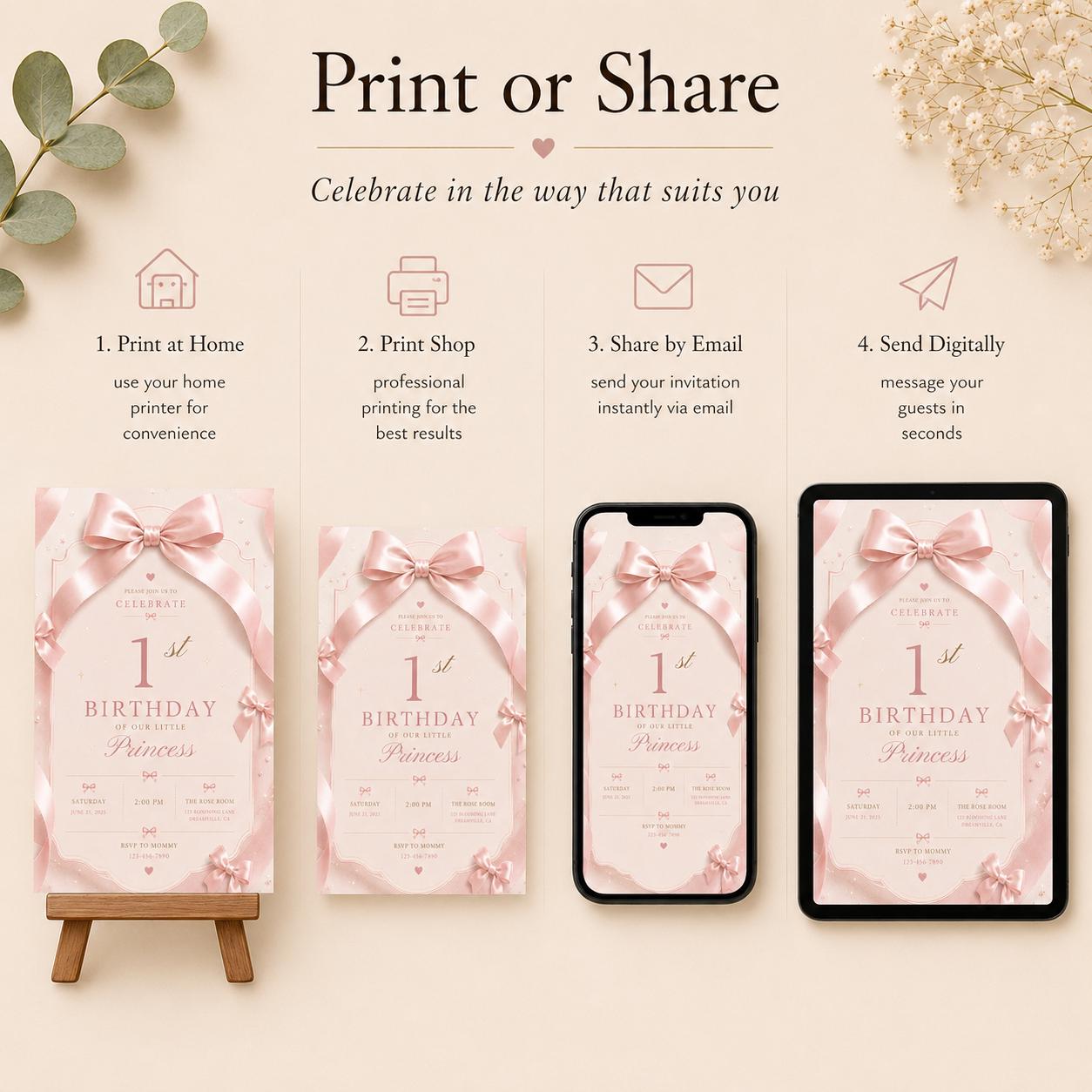 Pink Bow 1st Birthday Invitation Girl – printable template preview 6