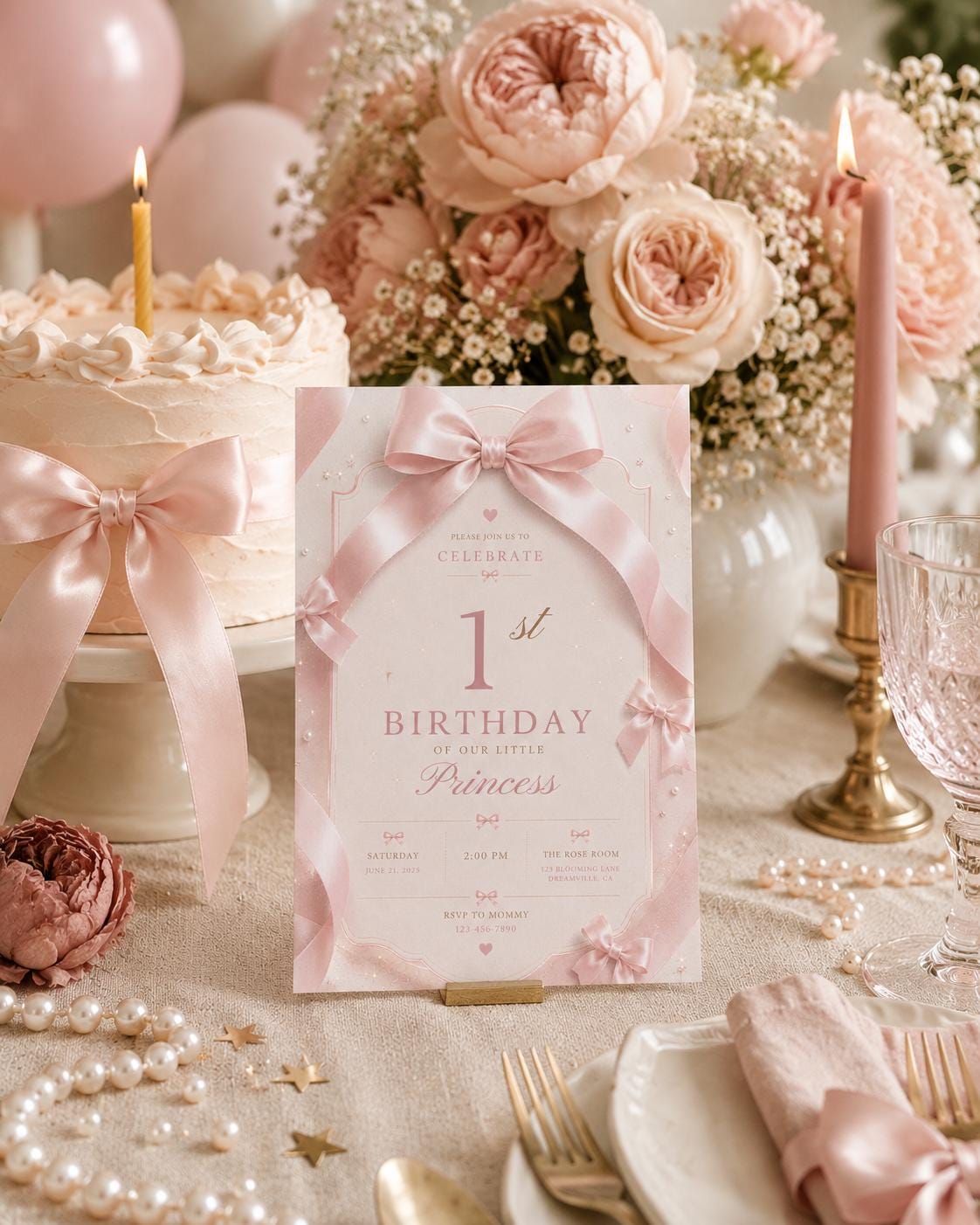 Pink Bow 1st Birthday Invitation Girl – printable template preview 3