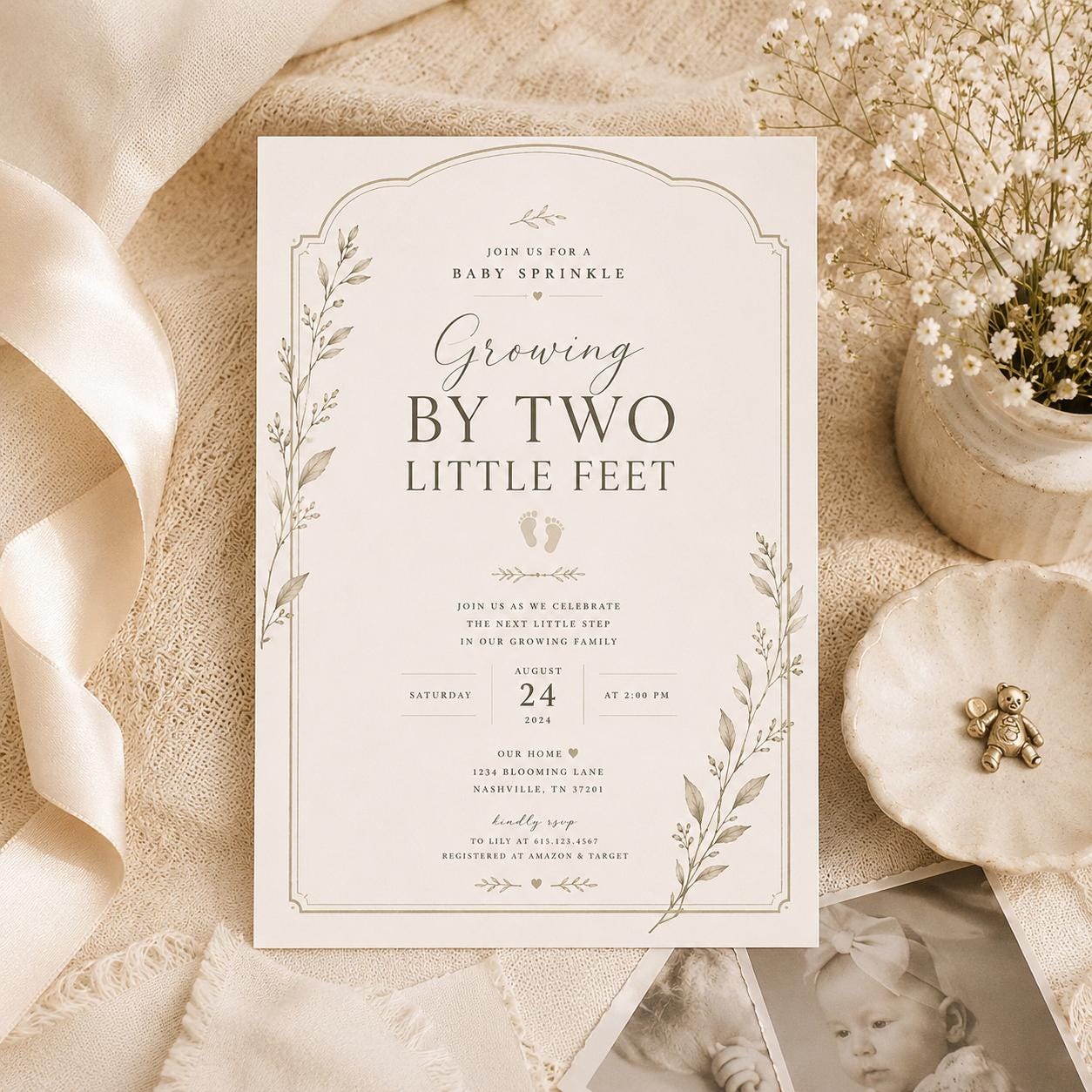 Growing by Two Little Feet Baby Sprinkle Invitation preview 1