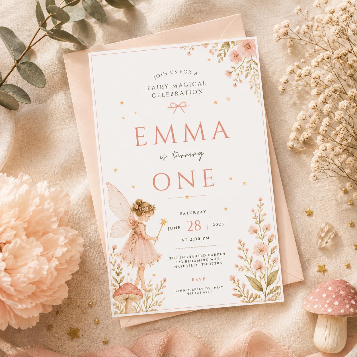 Fairy First Birthday Invitation – printable template preview 1