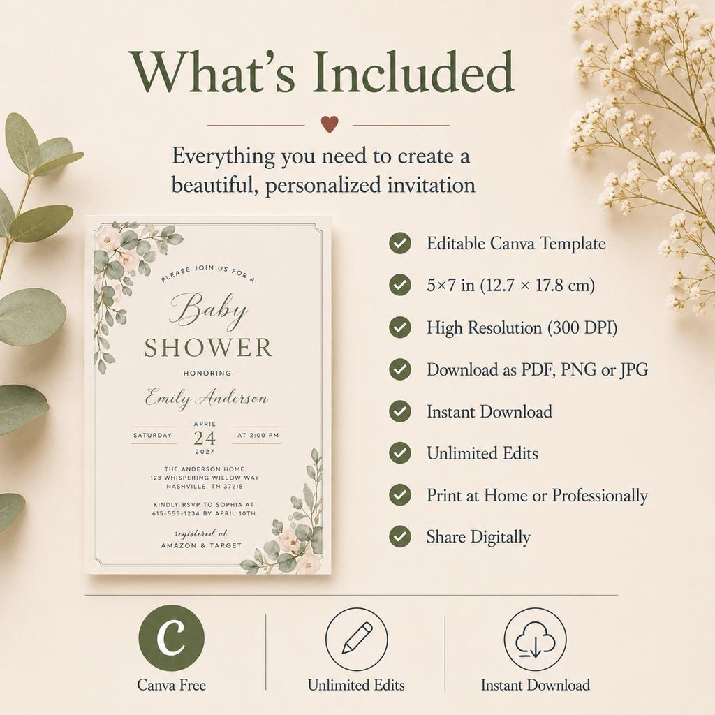 Botanical Baby Shower Invitation Template preview 5