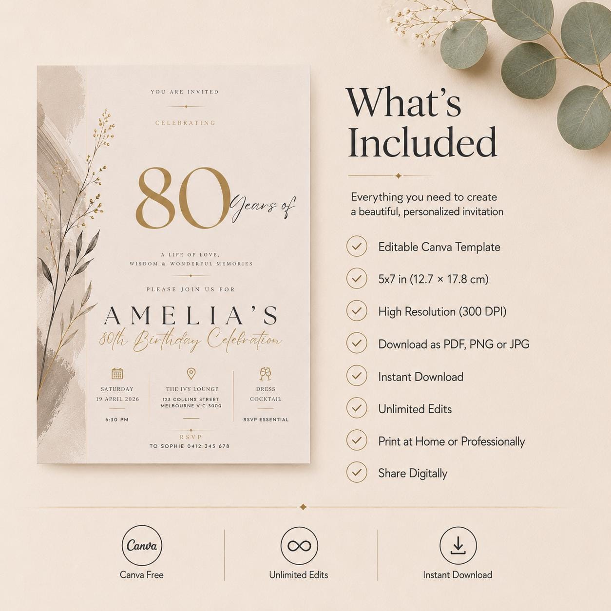 80th Birthday Invitation Template preview 5