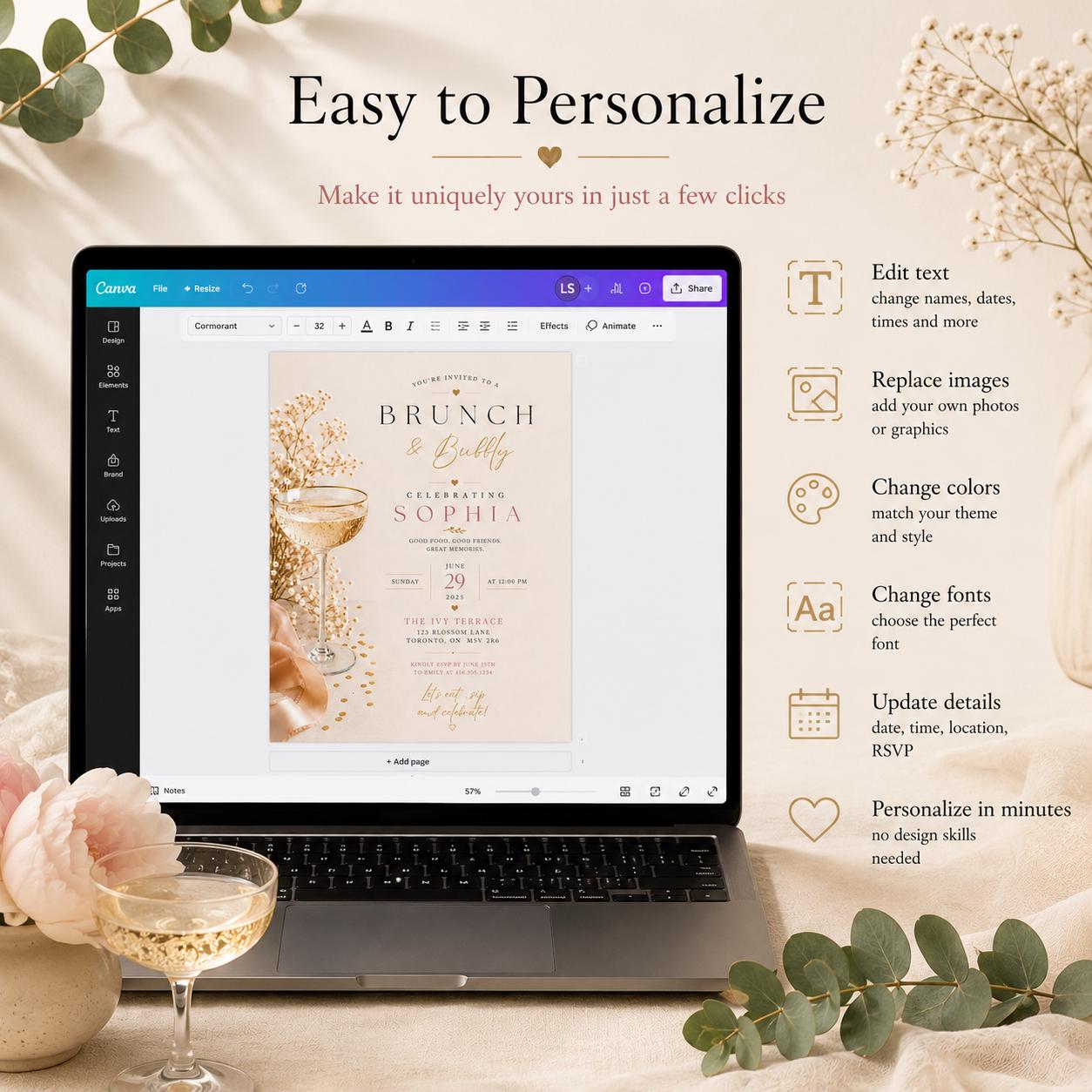Brunch and Bubbly Invitation Template preview 4