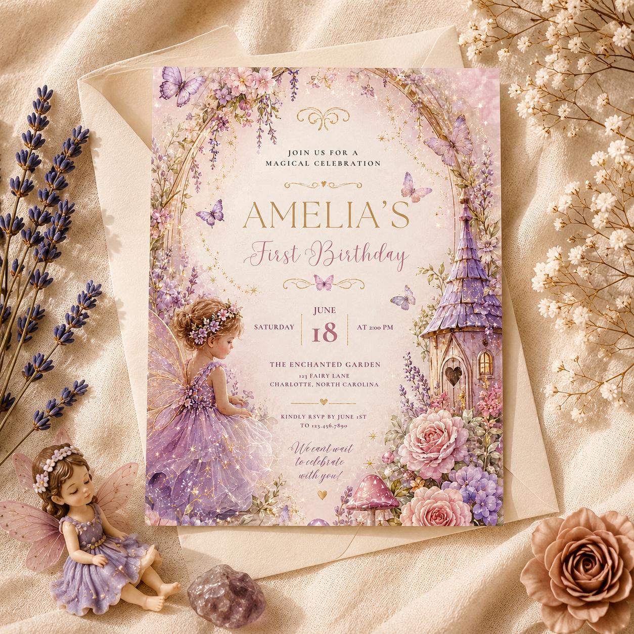 Fairy First Birthday Invitation – printable template preview 1