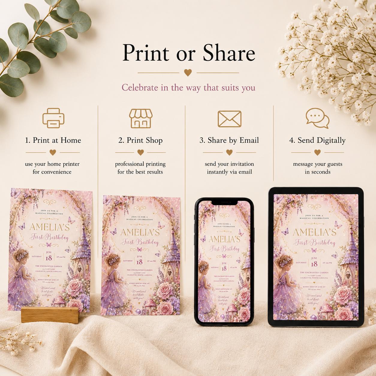 Fairy First Birthday Invitation – printable template preview 6