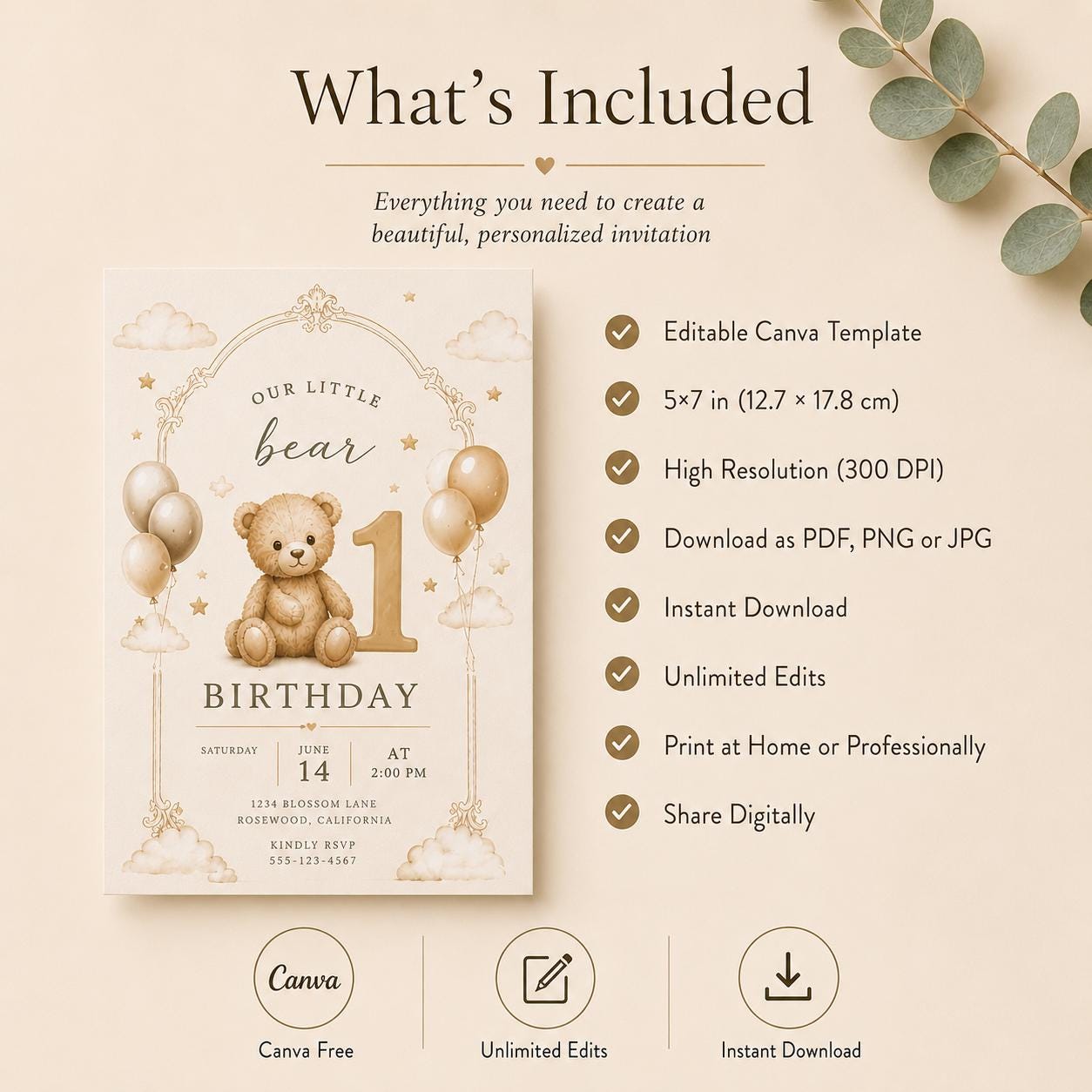 Beary First Birthday Invitation preview 4