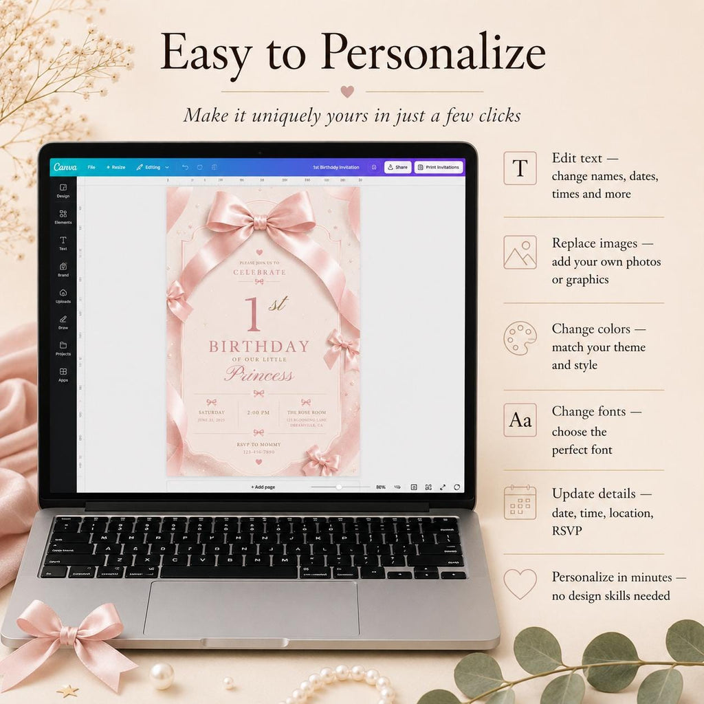 Pink Bow 1st Birthday Invitation Girl – printable template preview 5