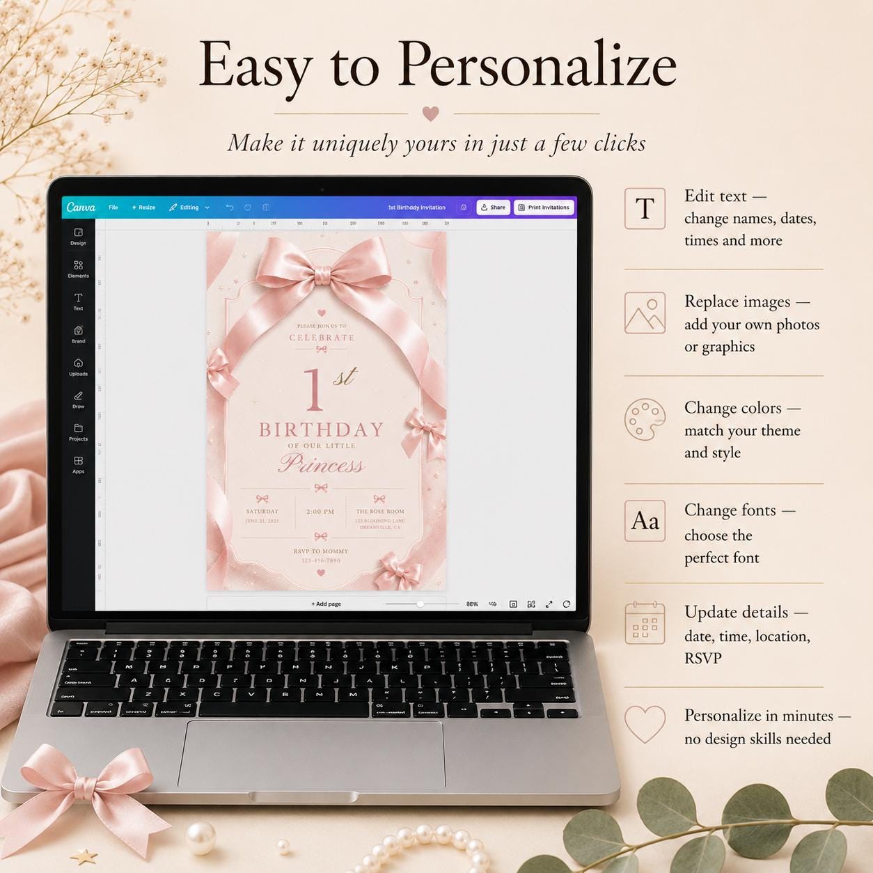 Pink Bow 1st Birthday Invitation Girl – printable template preview 5