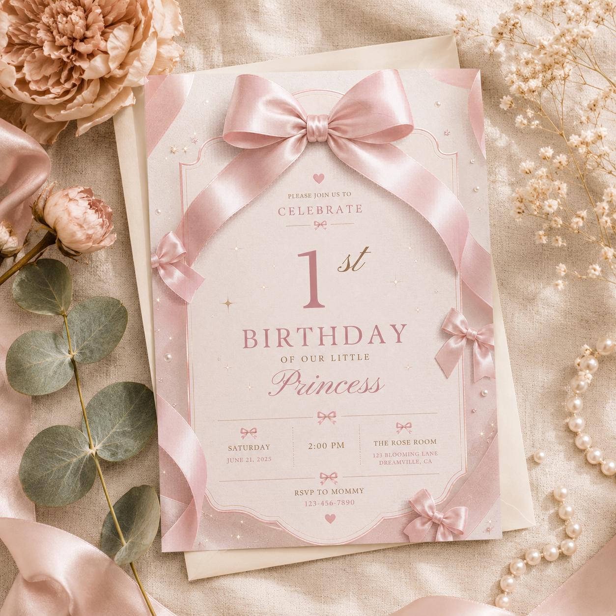 Pink Bow 1st Birthday Invitation Girl – printable template preview 1
