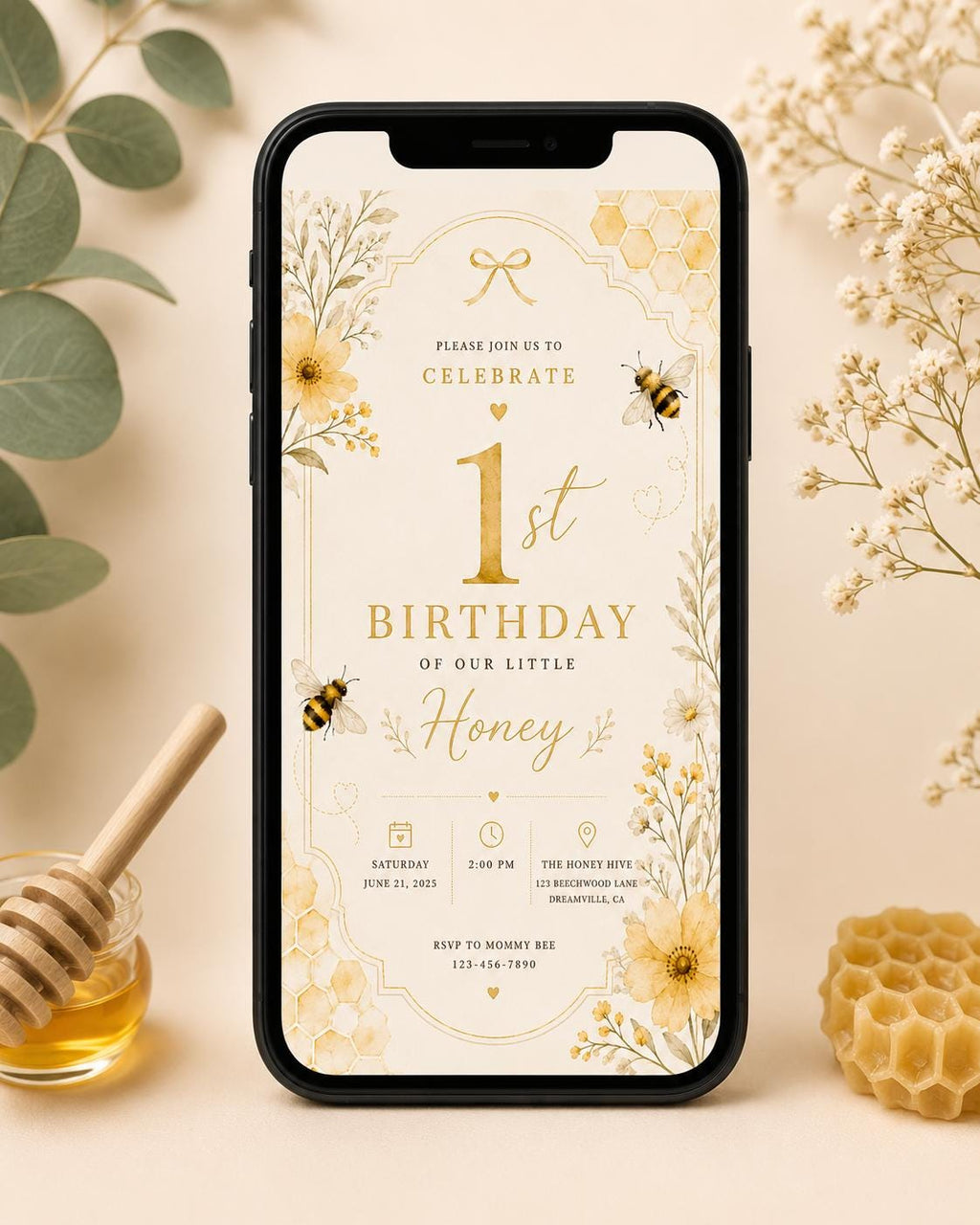 Bee First Birthday Invitation – printable template preview 2