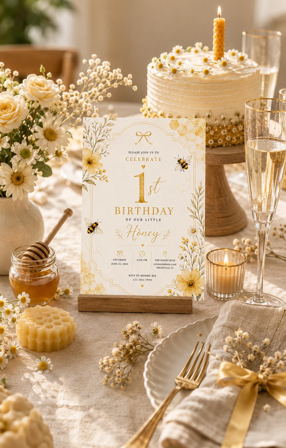 Bee First Birthday Invitation – printable template preview 3