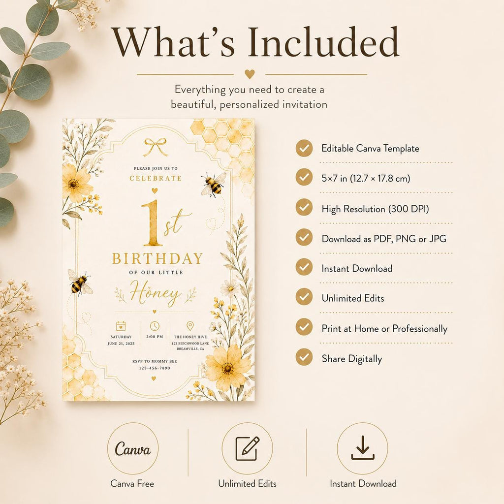 Bee First Birthday Invitation – printable template preview 4