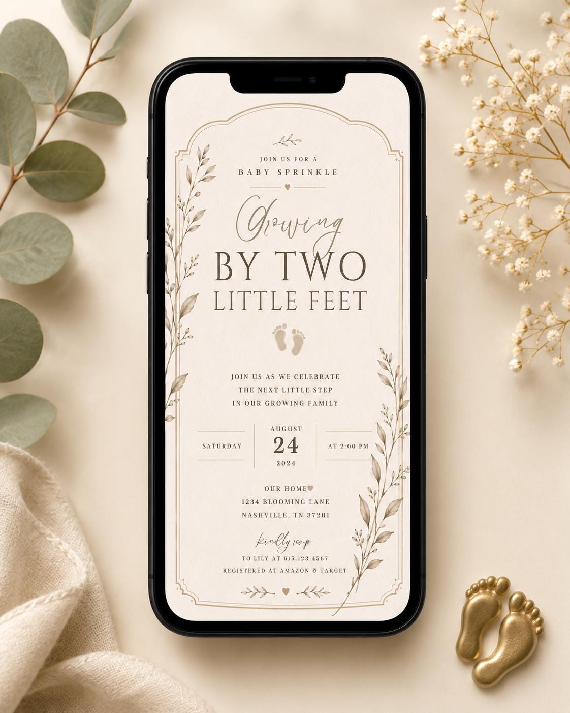 Growing by Two Little Feet Baby Sprinkle Invitation preview 2