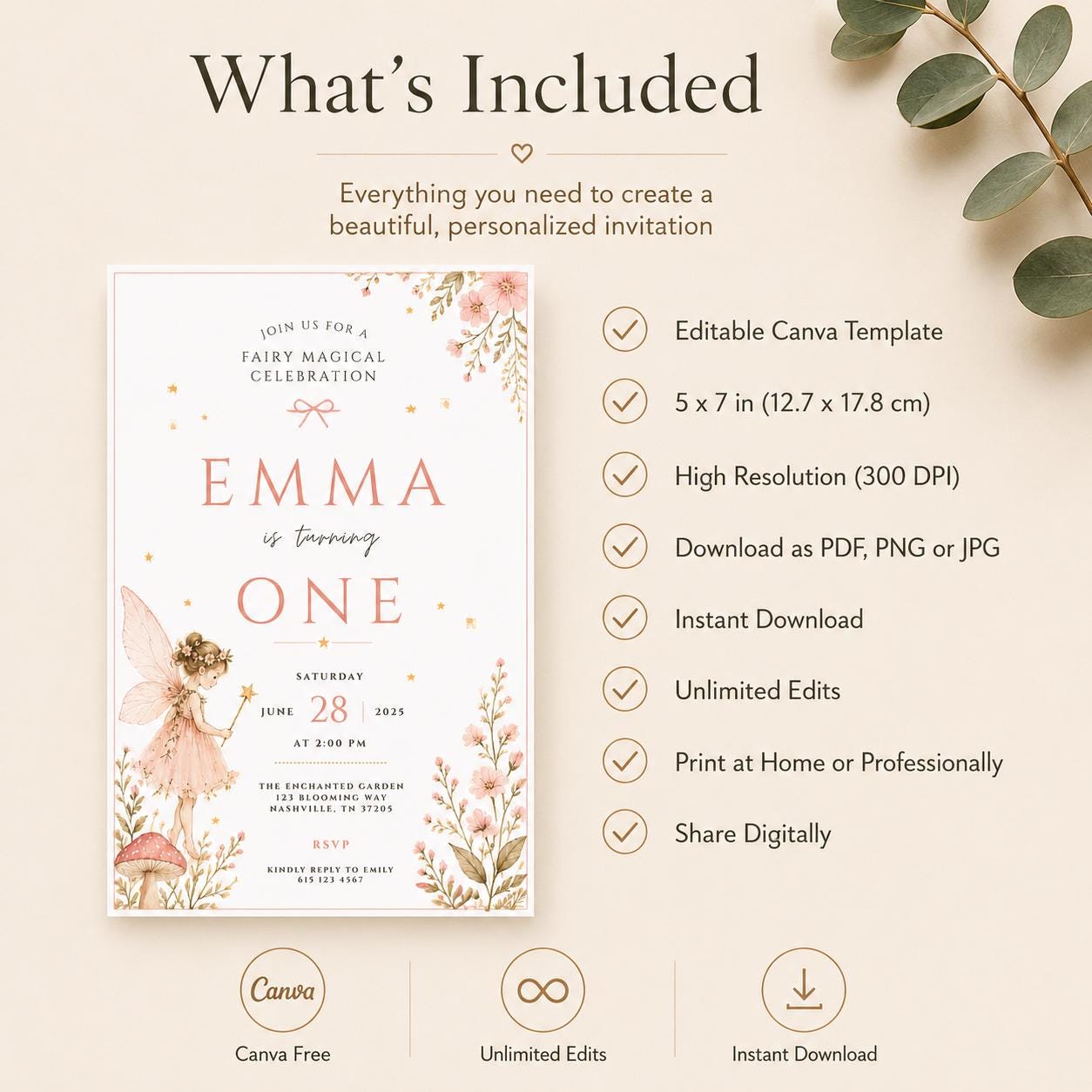 Fairy First Birthday Invitation – printable template preview 4