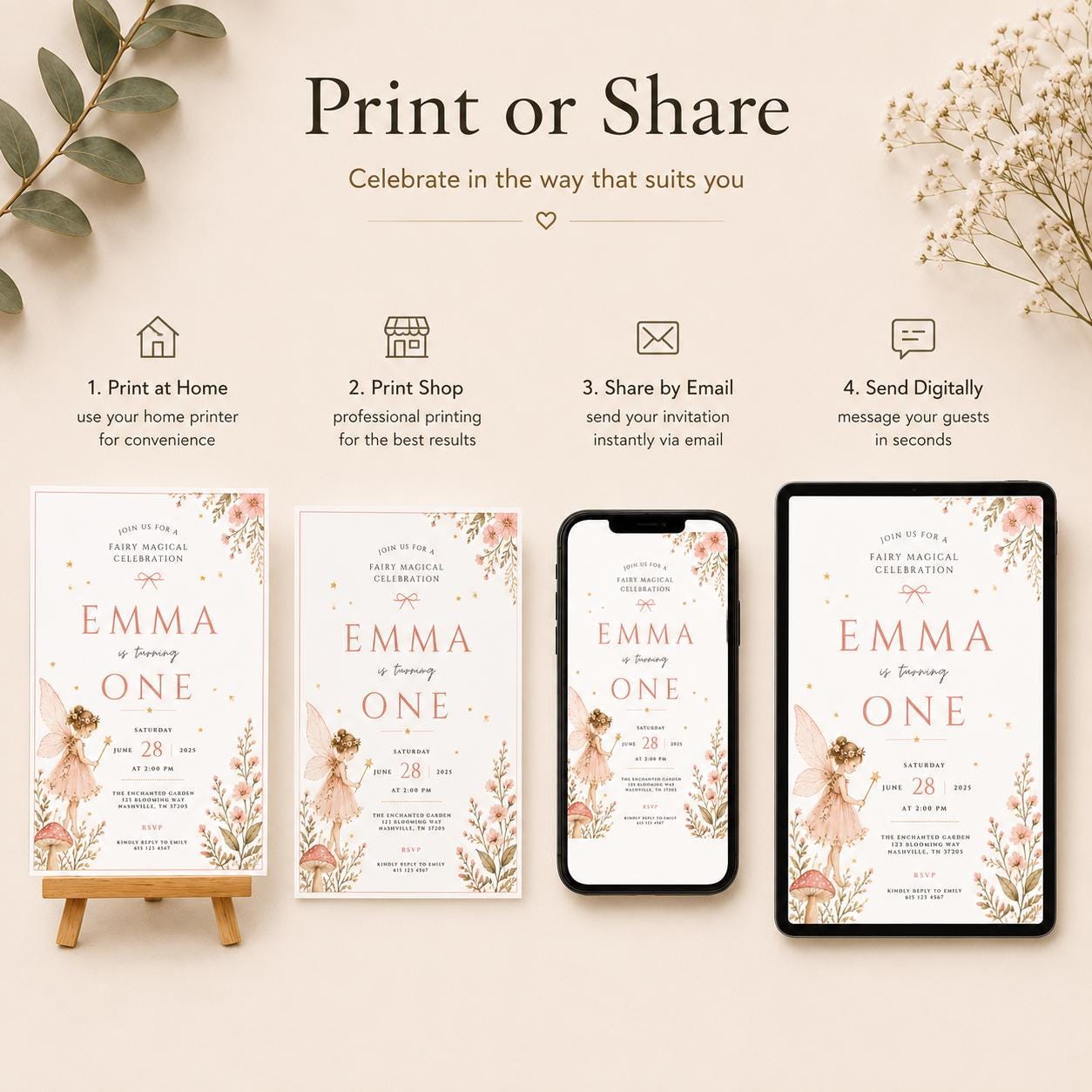 Fairy First Birthday Invitation – printable template preview 6